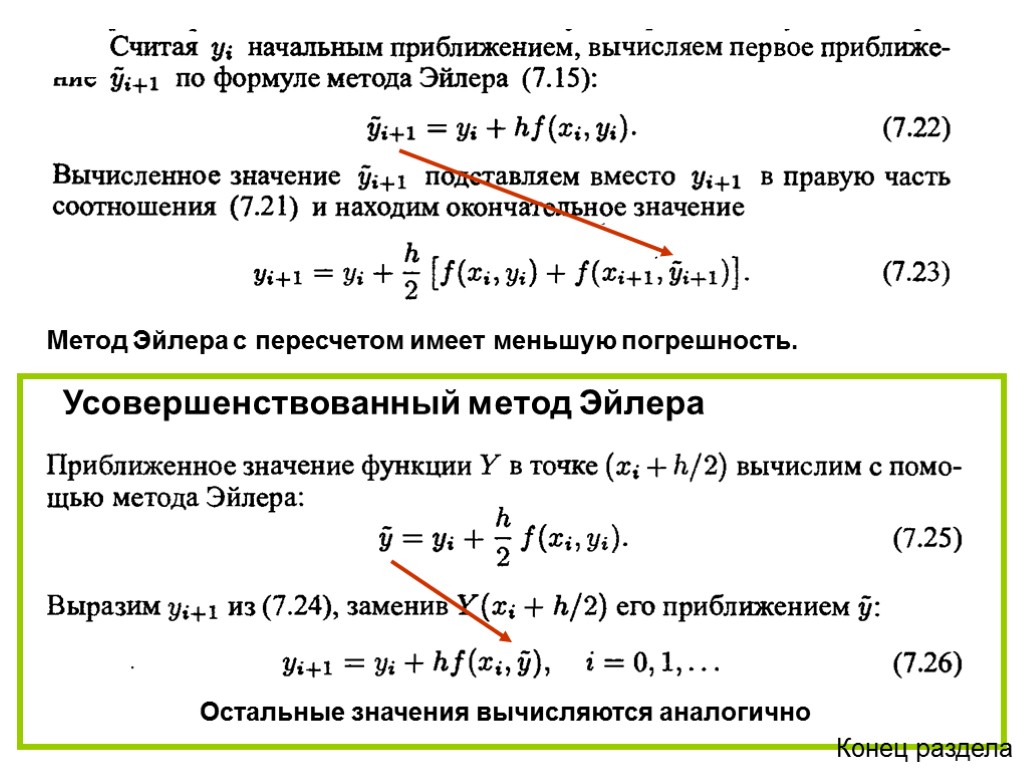 Метод Эйлера с пересчетом имеет меньшую погрешность. Усовершенствованный метод Эйлера Остальные значения вычисляются аналогично